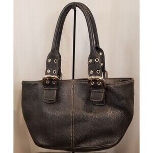 Tignanello Satchel Handbag Black Pebbled Leather Double Handle Footed